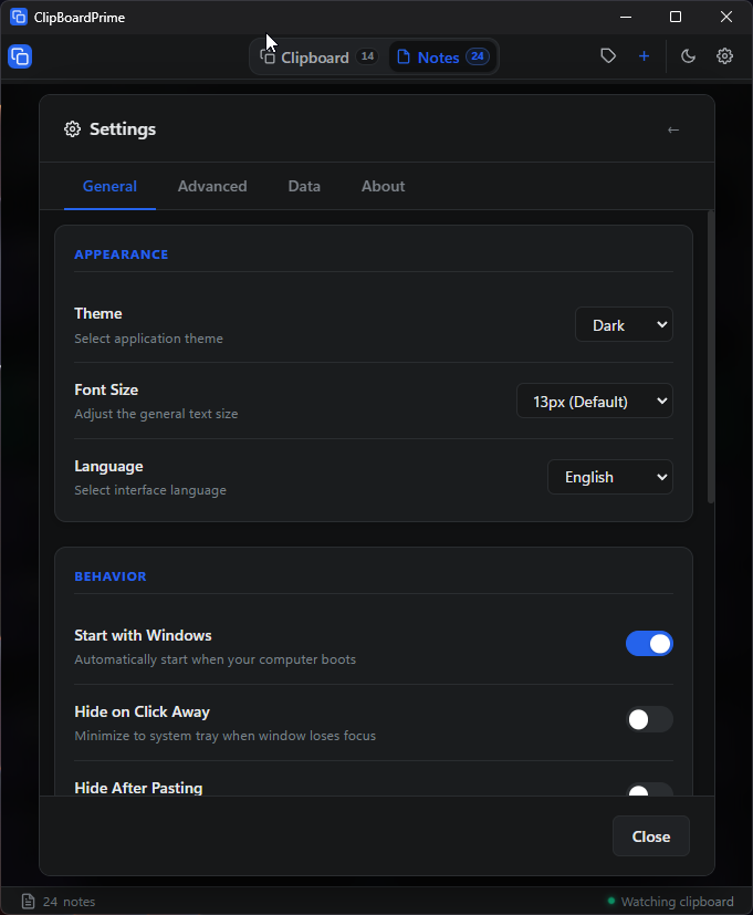 Application & Storage Settings